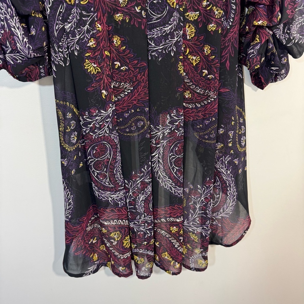 Melanie Lyne Puff Sleeve Blouse 4 Dark Paisley Floral Longline Button Up Shirt - Picture 8 of 11